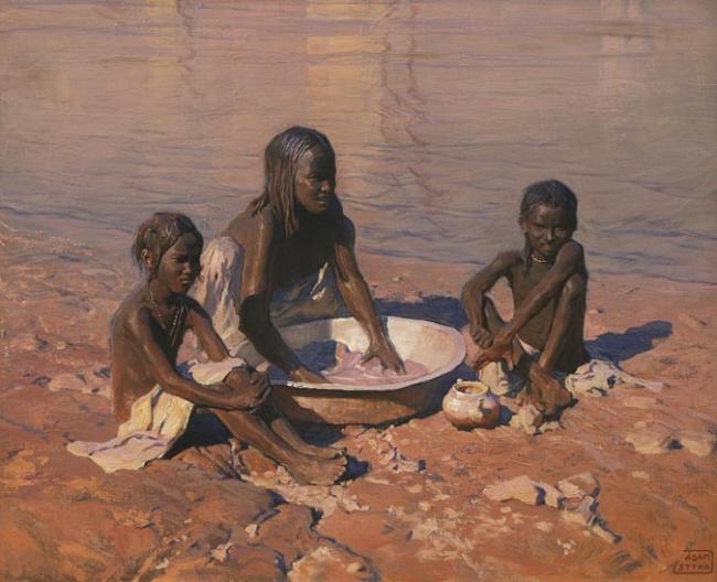 Matka z dziemi na brzegu rzeki